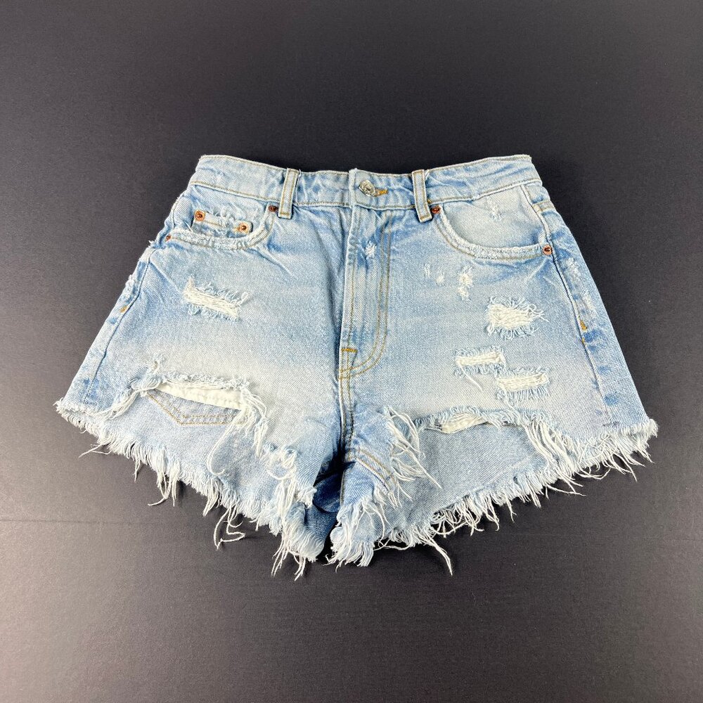 Zara Jean Shorts Women's 30* High Rise Blue Faded Distressed Cut Off Jorts Tag 2